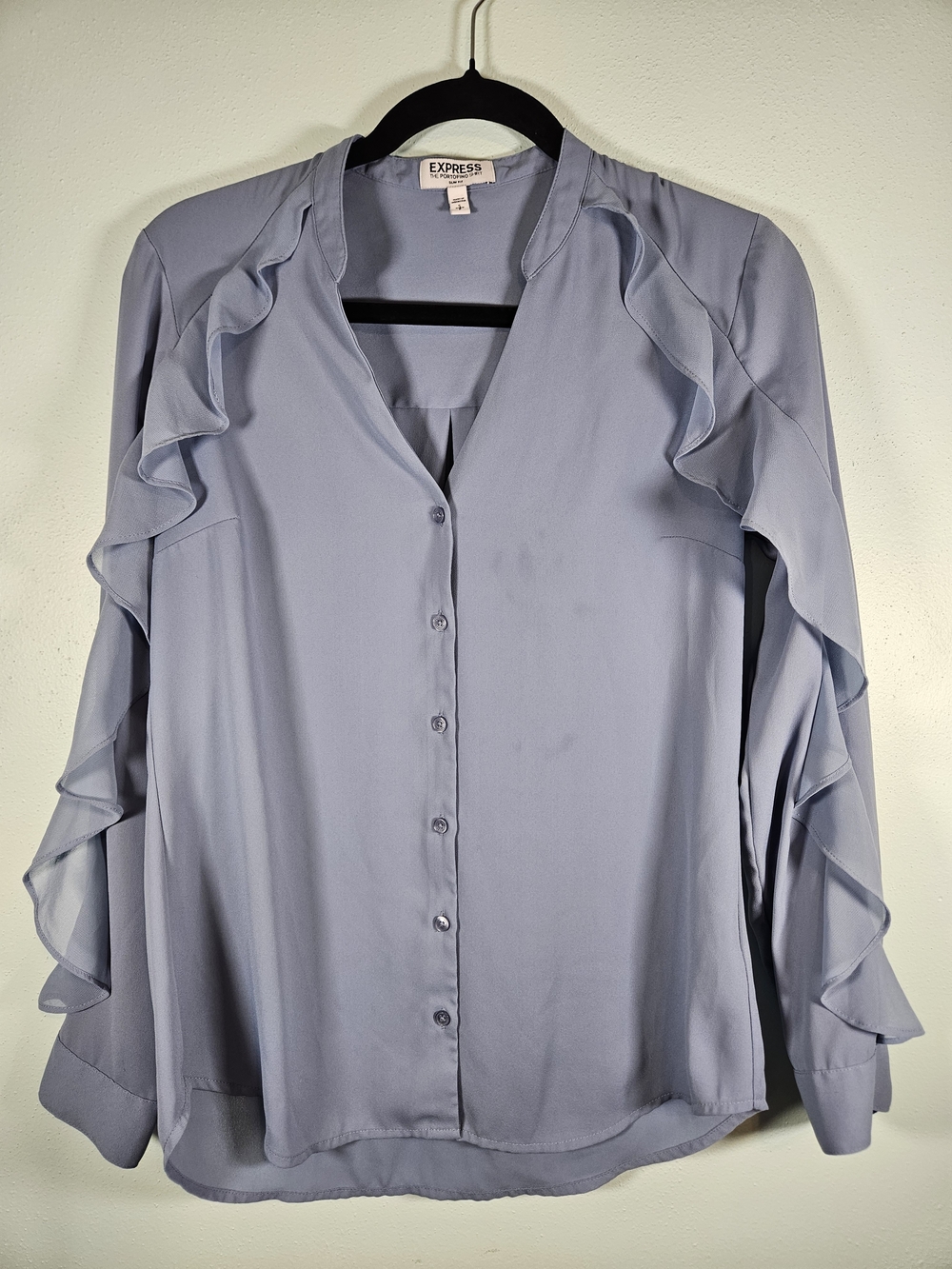 Express Light Blue Ruffle-Trim Button-Front Shirt